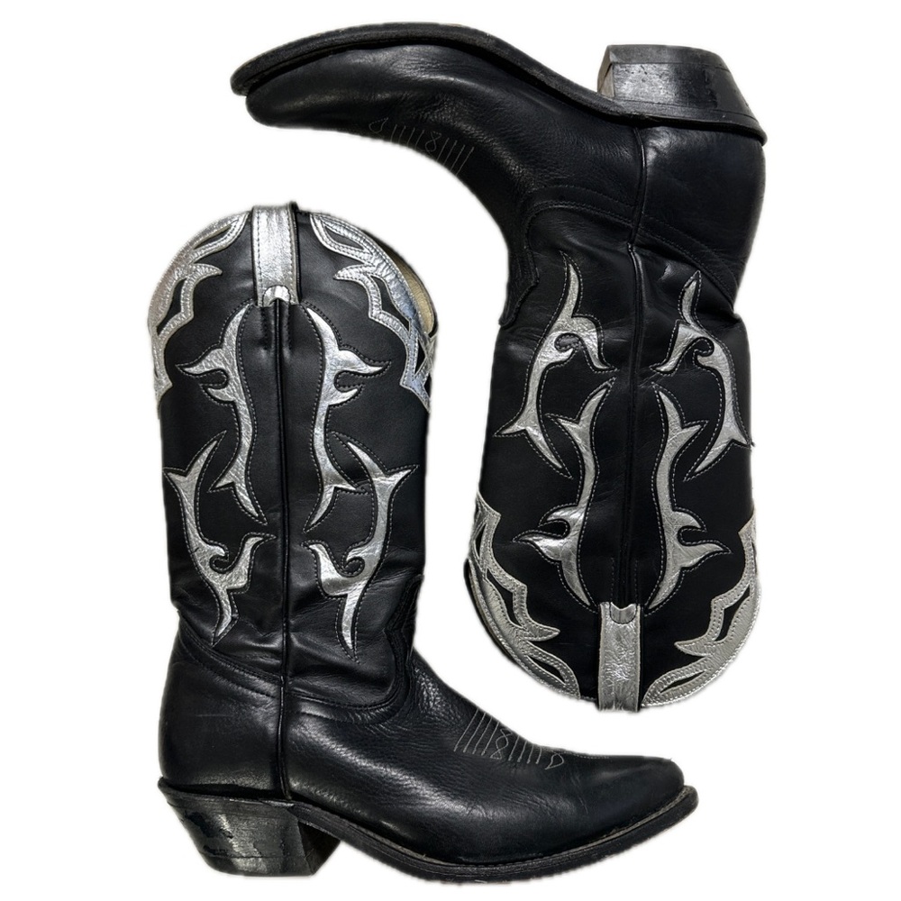 Vintage Black Leather Western Heeled Boots with Silver Embroidery
